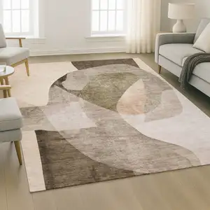 Photo of Taupe And Beige Abstract Washable Area Rug With UV Protection