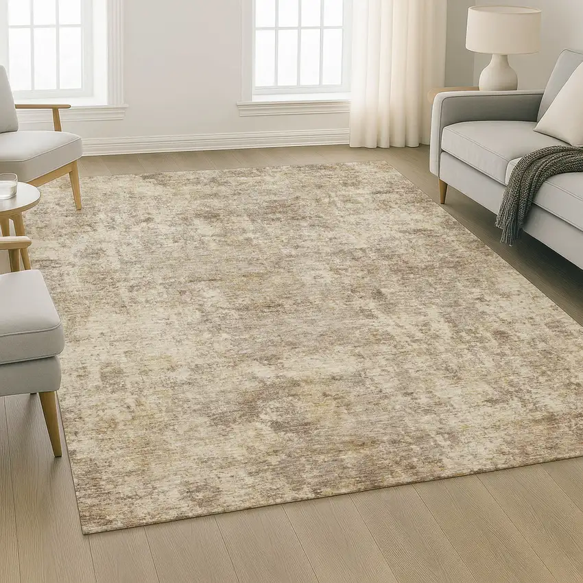 Taupe And Beige Abstract Washable Area Rug With UV Protection Photo 2