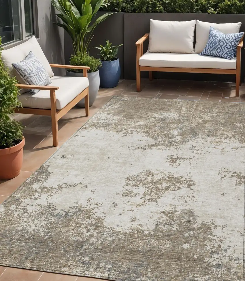 Taupe And Beige Abstract Washable Indoor Outdoor Area Rug Photo 1