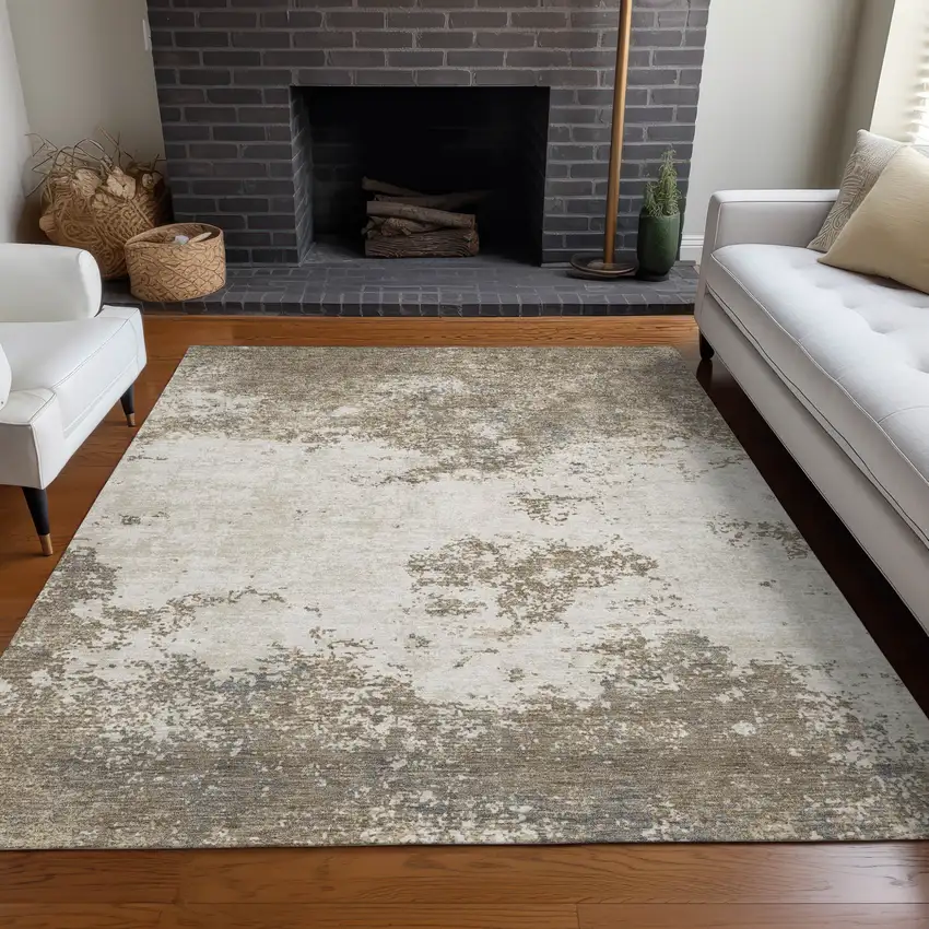 Taupe And Beige Abstract Washable Indoor Outdoor Area Rug Photo 9
