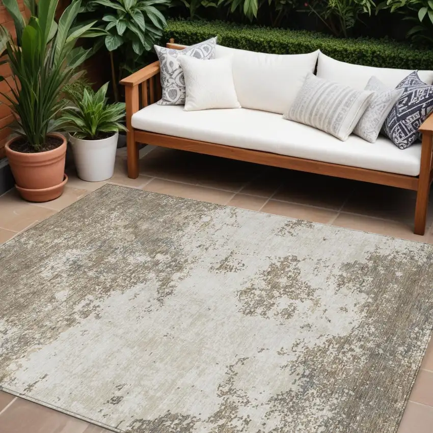 Taupe And Beige Abstract Washable Indoor Outdoor Area Rug Photo 1