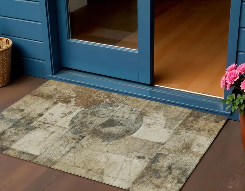 Taupe And Beige Abstract Washable Indoor Outdoor Area Rug Photo 2