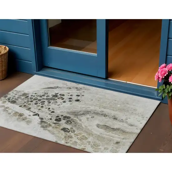 Taupe And Beige Abstract Washable Indoor Outdoor Area Rug Photo 2
