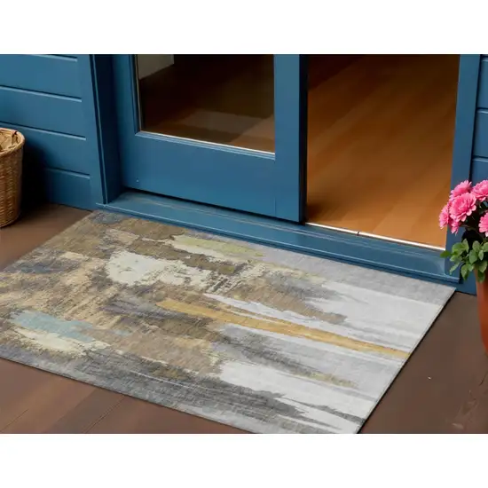 Taupe And Beige Abstract Washable Indoor Outdoor Area Rug Photo 2