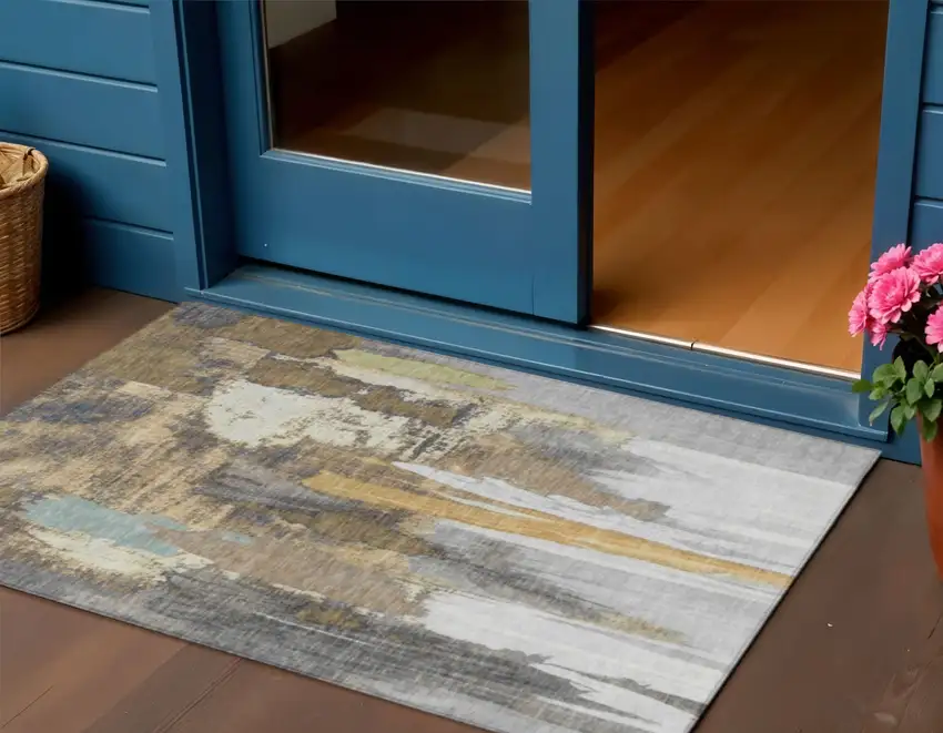 Taupe And Beige Abstract Washable Indoor Outdoor Area Rug Photo 2