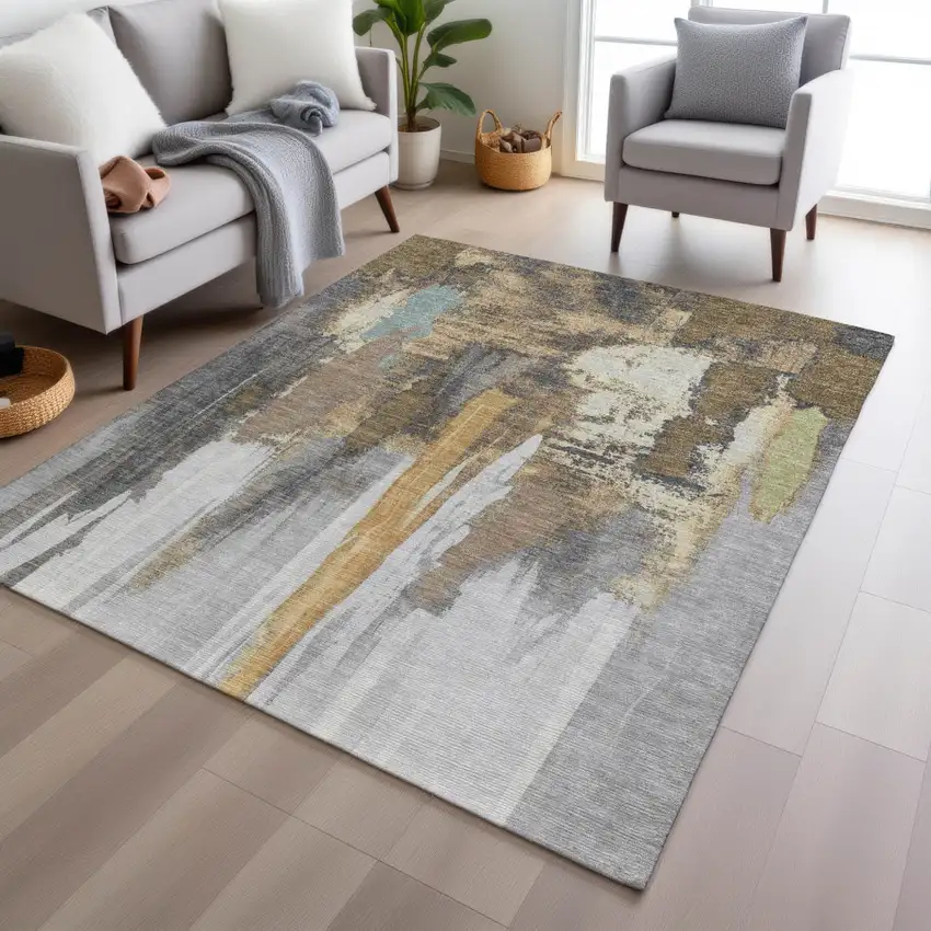Taupe And Beige Abstract Washable Indoor Outdoor Area Rug Photo 4