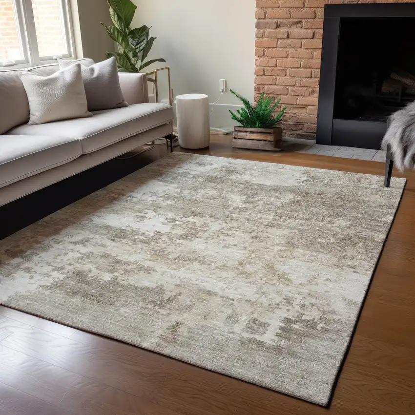 Taupe And Beige Abstract Washable Indoor Outdoor Area Rug Photo 5