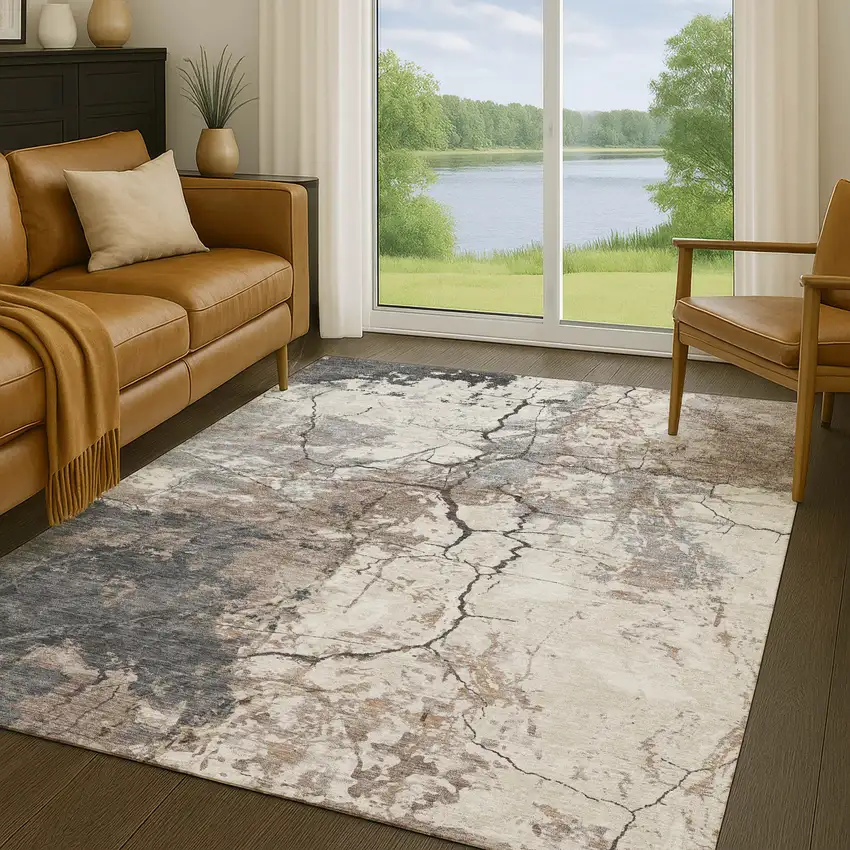 Taupe And Beige Abstract Washable Indoor Outdoor Area Rug Photo 5