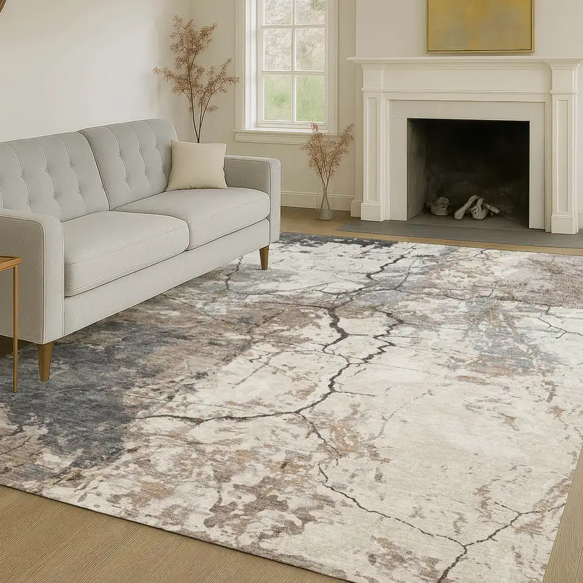 Taupe And Beige Abstract Washable Indoor Outdoor Area Rug Photo 6