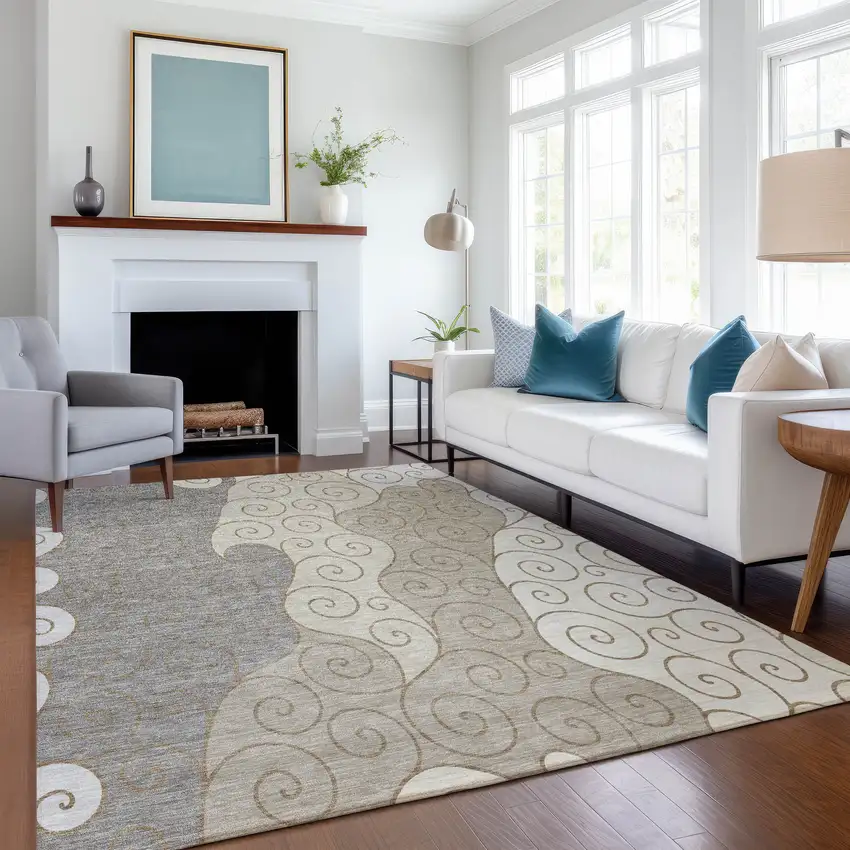 Taupe And Beige Abstract Washable Indoor Outdoor Area Rug Photo 6