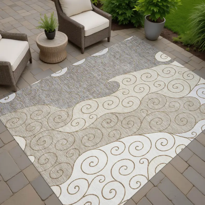 Taupe And Beige Abstract Washable Indoor Outdoor Area Rug Photo 7