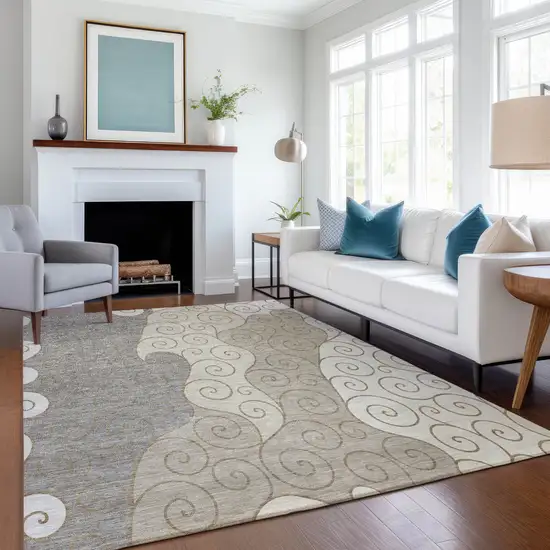 Taupe And Beige Abstract Washable Indoor Outdoor Area Rug Photo 6