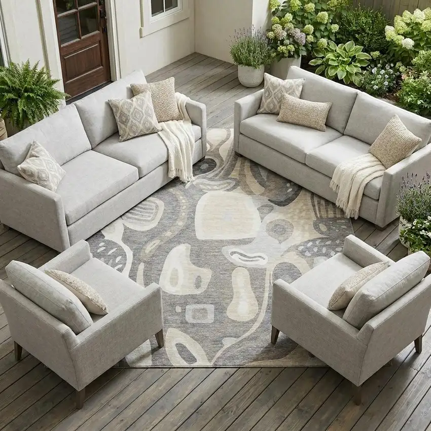 Taupe And Beige Abstract Washable Indoor Outdoor Area Rug Photo 1