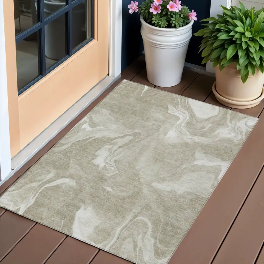 Taupe And Beige Abstract Washable Indoor Outdoor Area Rug Photo 1