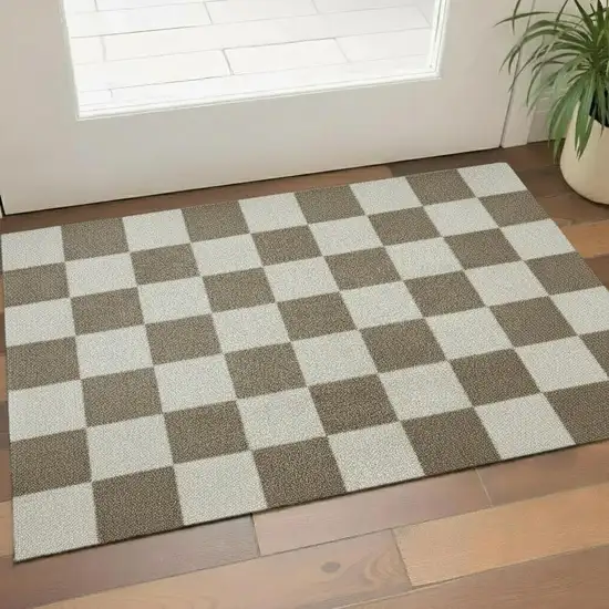 Taupe And Beige Checkered Washable Area Rug With UV Protection Photo 1