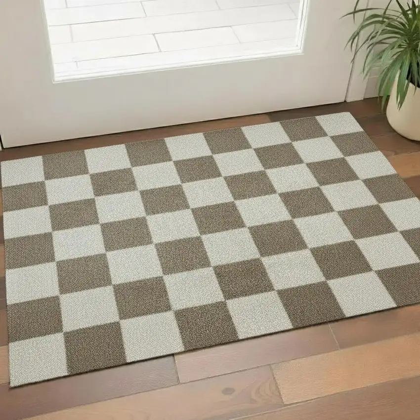 Taupe And Beige Checkered Washable Area Rug With UV Protection Photo 1