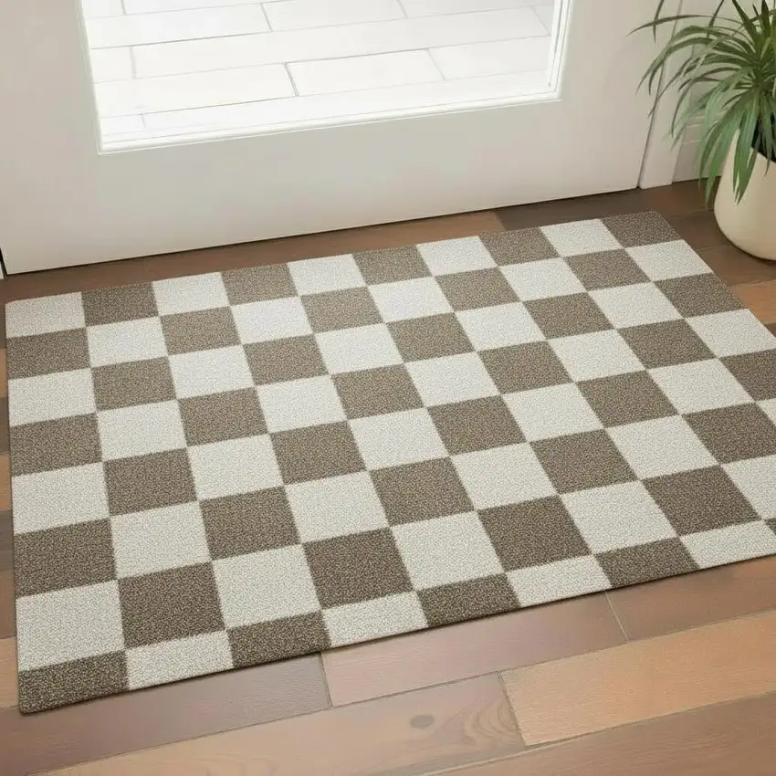 Taupe And Beige Checkered Washable Area Rug With UV Protection Photo 1