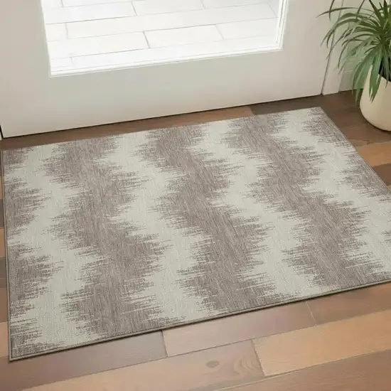 Taupe And Beige Chevron Washable Area Rug With UV Protection Photo 1