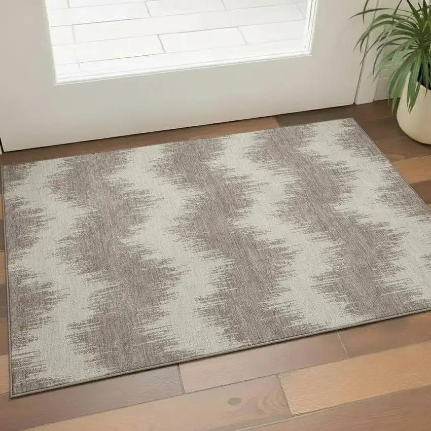 Taupe And Beige Chevron Washable Area Rug With UV Protection Photo 1