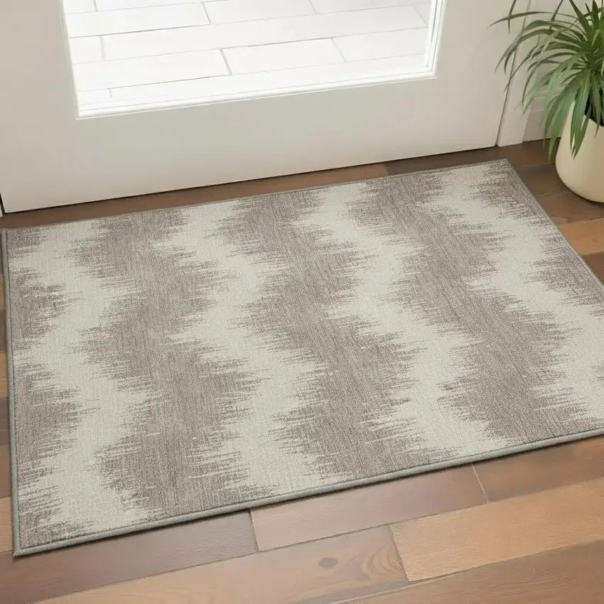 Taupe And Beige Chevron Washable Area Rug With UV Protection Photo 2