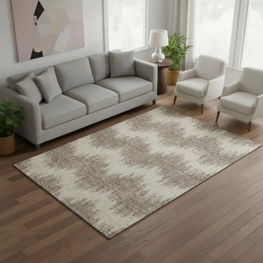 Taupe And Beige Chevron Washable Area Rug With UV Protection Photo 2