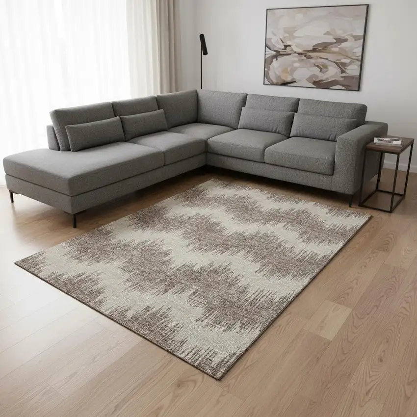 Taupe And Beige Chevron Washable Area Rug With UV Protection Photo 2