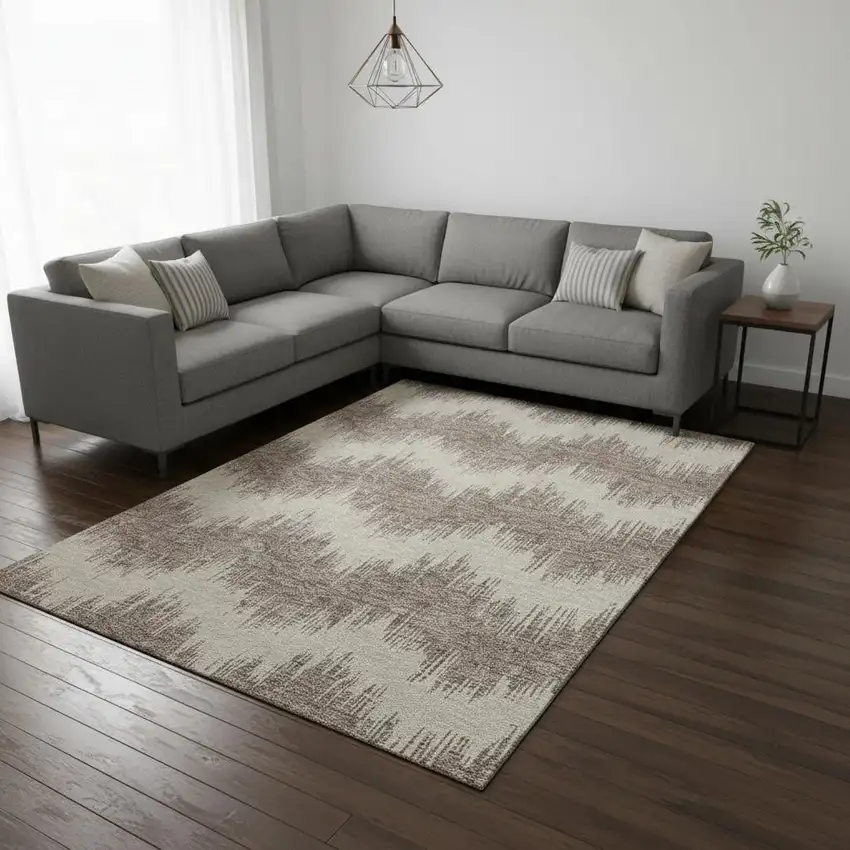 Taupe And Beige Chevron Washable Area Rug With UV Protection Photo 2