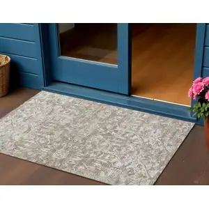 Photo of Taupe And Beige Damask Washable Indoor Outdoor Area Rug
