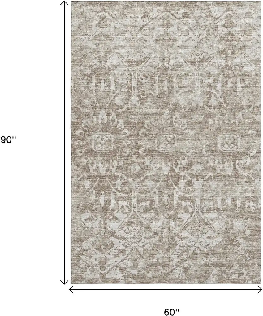 Taupe And Beige Damask Washable Indoor Outdoor Area Rug Photo 3