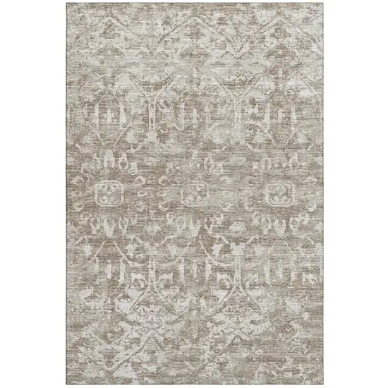 Taupe And Beige Damask Washable Indoor Outdoor Area Rug Photo 2