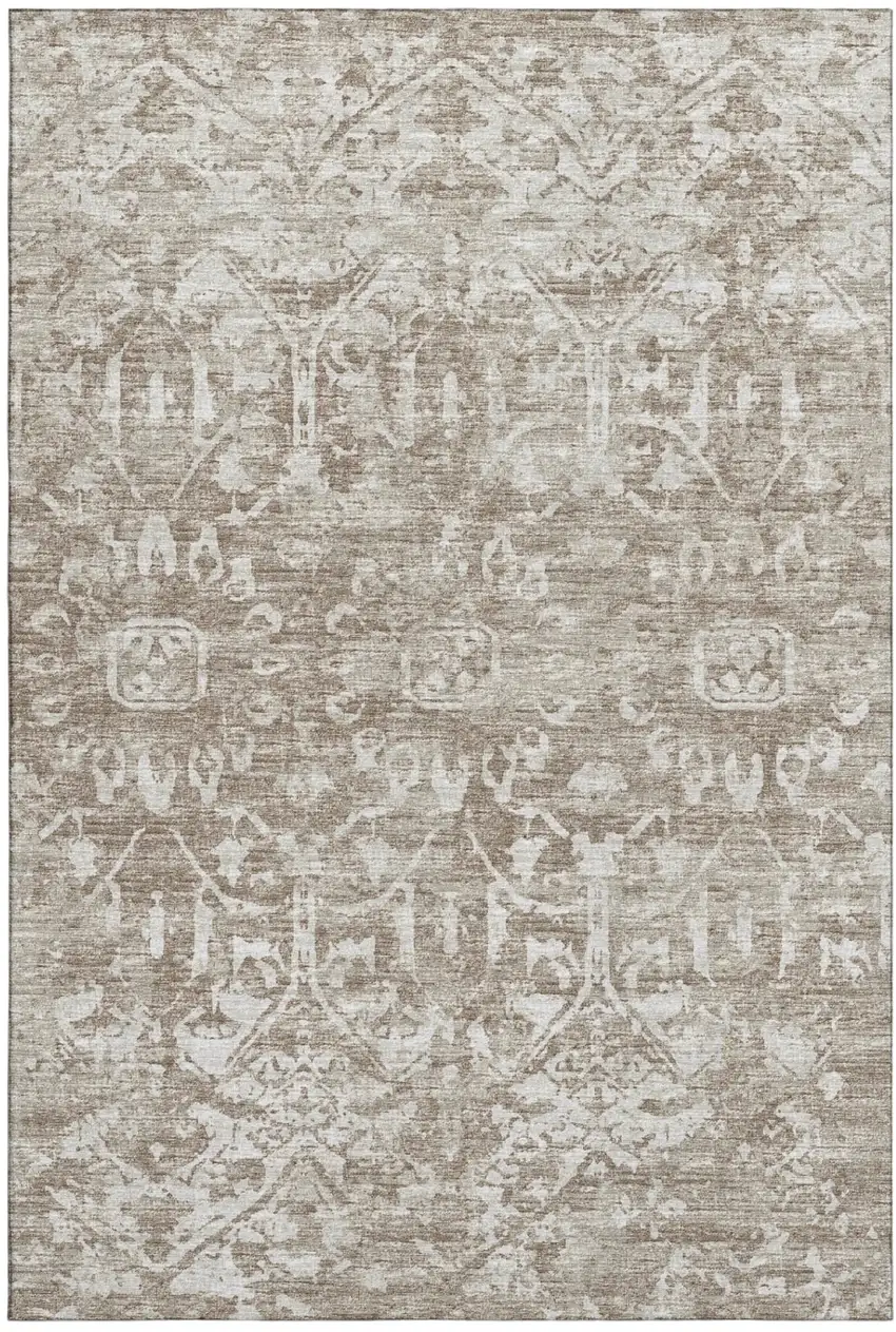 Taupe And Beige Damask Washable Indoor Outdoor Area Rug Photo 2