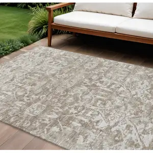 Photo of Taupe And Beige Damask Washable Indoor Outdoor Area Rug