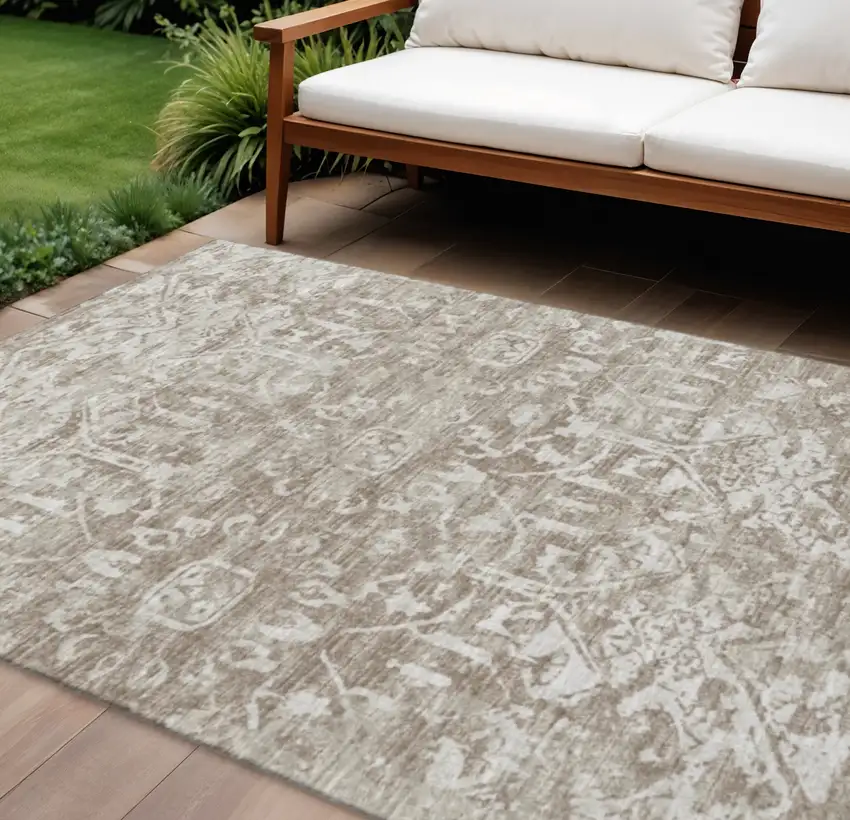 Taupe And Beige Damask Washable Indoor Outdoor Area Rug Photo 1
