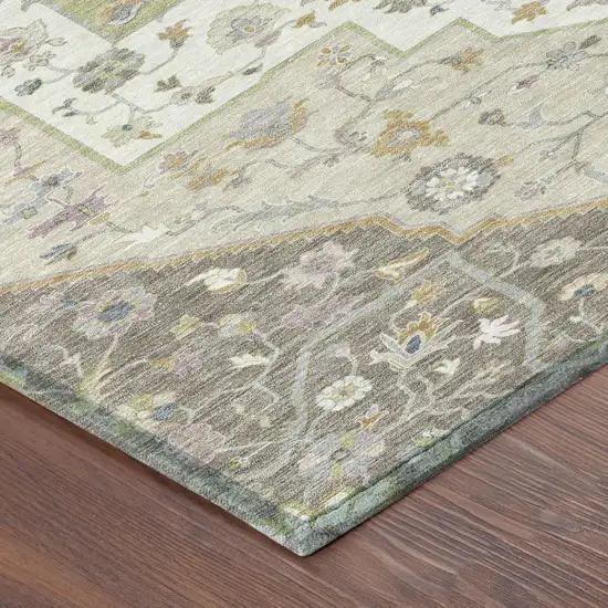 Taupe And Beige Floral Medallion Washable Indoor Outdoor Area Rug Photo 5