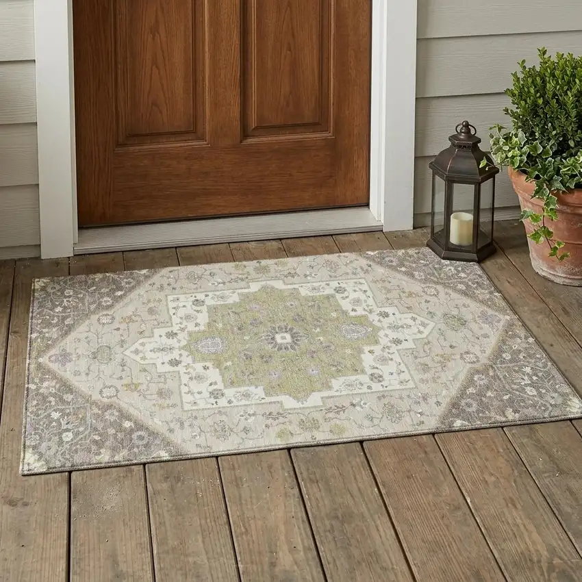 Taupe And Beige Floral Medallion Washable Indoor Outdoor Area Rug Photo 1