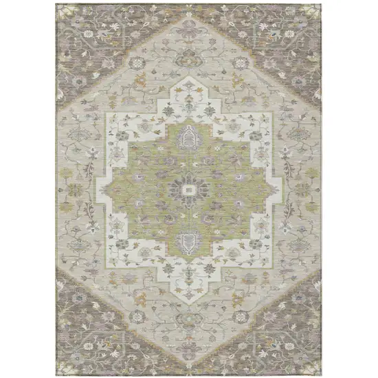 Taupe And Beige Floral Medallion Washable Indoor Outdoor Area Rug Photo 2