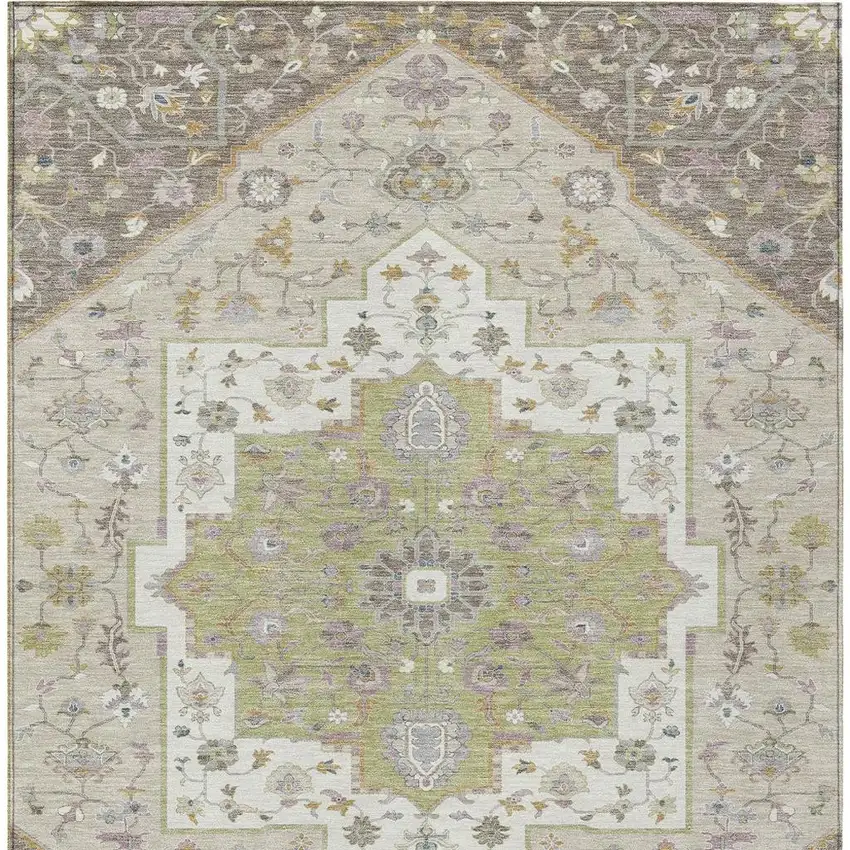 Taupe And Beige Floral Medallion Washable Indoor Outdoor Area Rug Photo 4