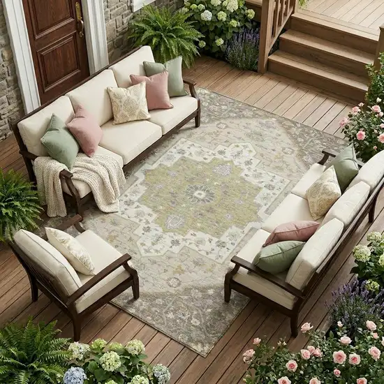 Taupe And Beige Floral Medallion Washable Indoor Outdoor Area Rug Photo 1