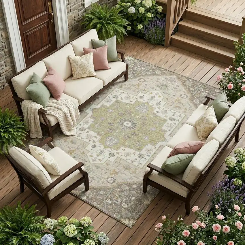 Taupe And Beige Floral Medallion Washable Indoor Outdoor Area Rug Photo 1