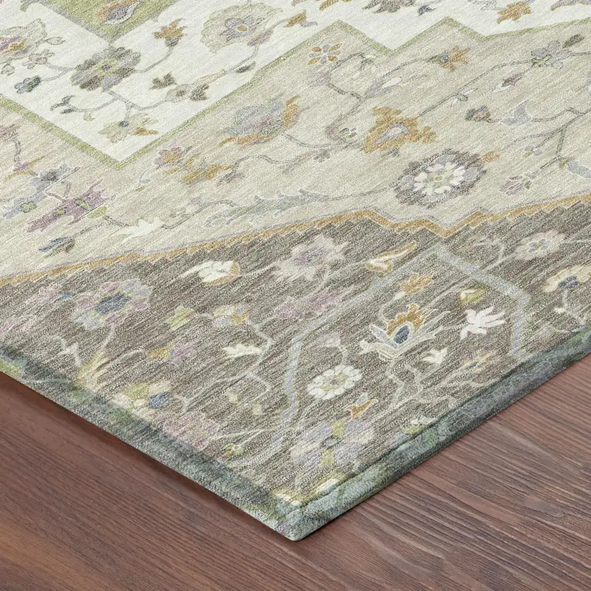Taupe And Beige Floral Medallion Washable Indoor Outdoor Area Rug Photo 5