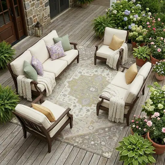 Taupe And Beige Floral Medallion Washable Indoor Outdoor Area Rug Photo 1
