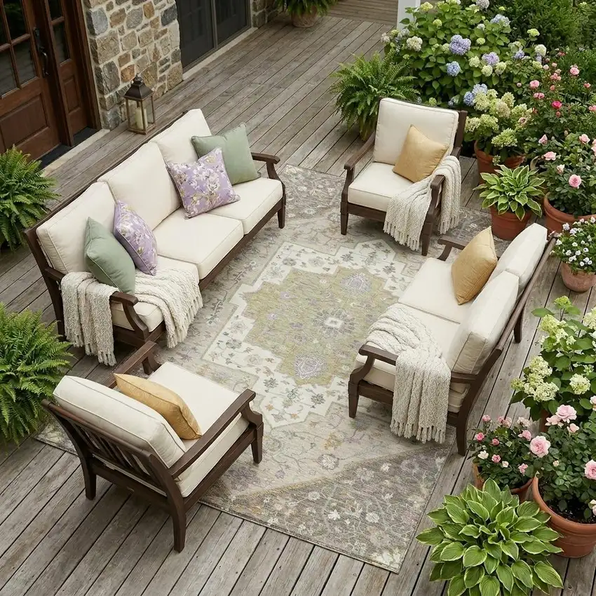 Taupe And Beige Floral Medallion Washable Indoor Outdoor Area Rug Photo 1