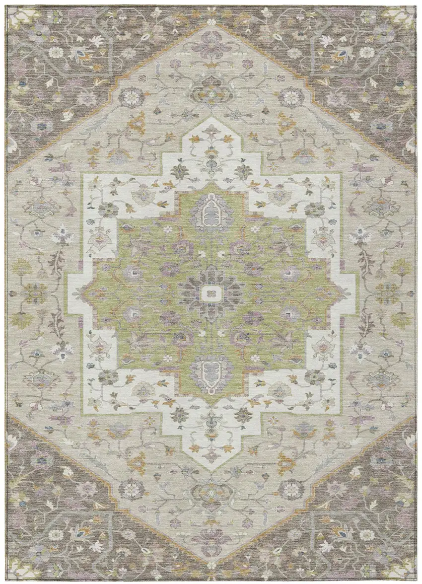 Taupe And Beige Floral Medallion Washable Indoor Outdoor Area Rug Photo 2
