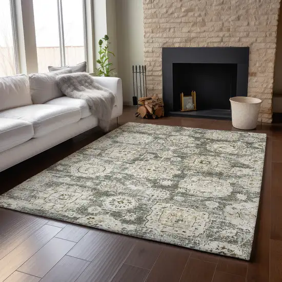 Taupe And Beige Floral Washable Area Rug With UV Protection Photo 4
