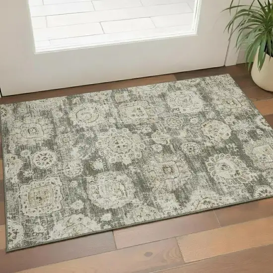 Taupe And Beige Floral Washable Area Rug With UV Protection Photo 1
