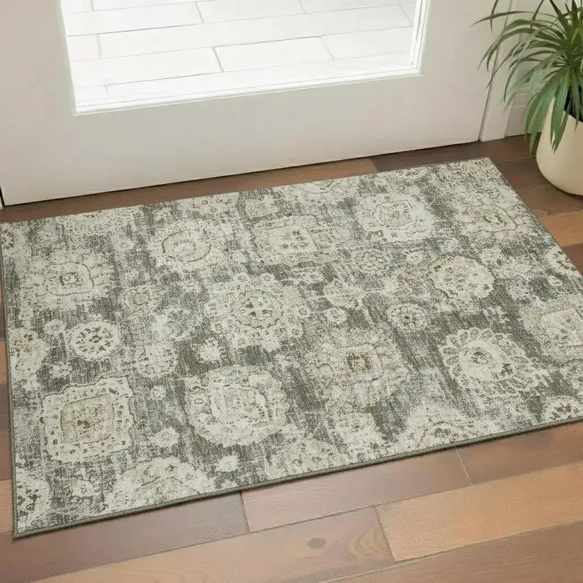 Taupe And Beige Floral Washable Area Rug With UV Protection Photo 1