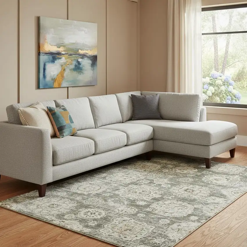 Taupe And Beige Floral Washable Area Rug With UV Protection Photo 1