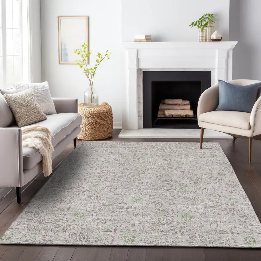 Taupe And Beige Floral Washable Area Rug With UV Protection Photo 4