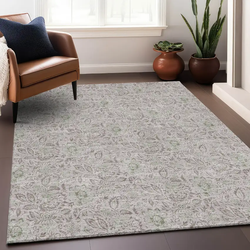 Taupe And Beige Floral Washable Area Rug With UV Protection Photo 5
