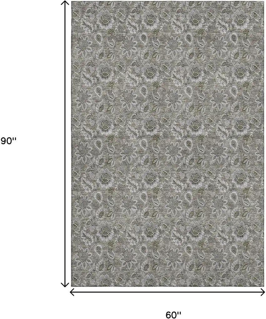 Taupe And Beige Floral Washable Area Rug With UV Protection Photo 3